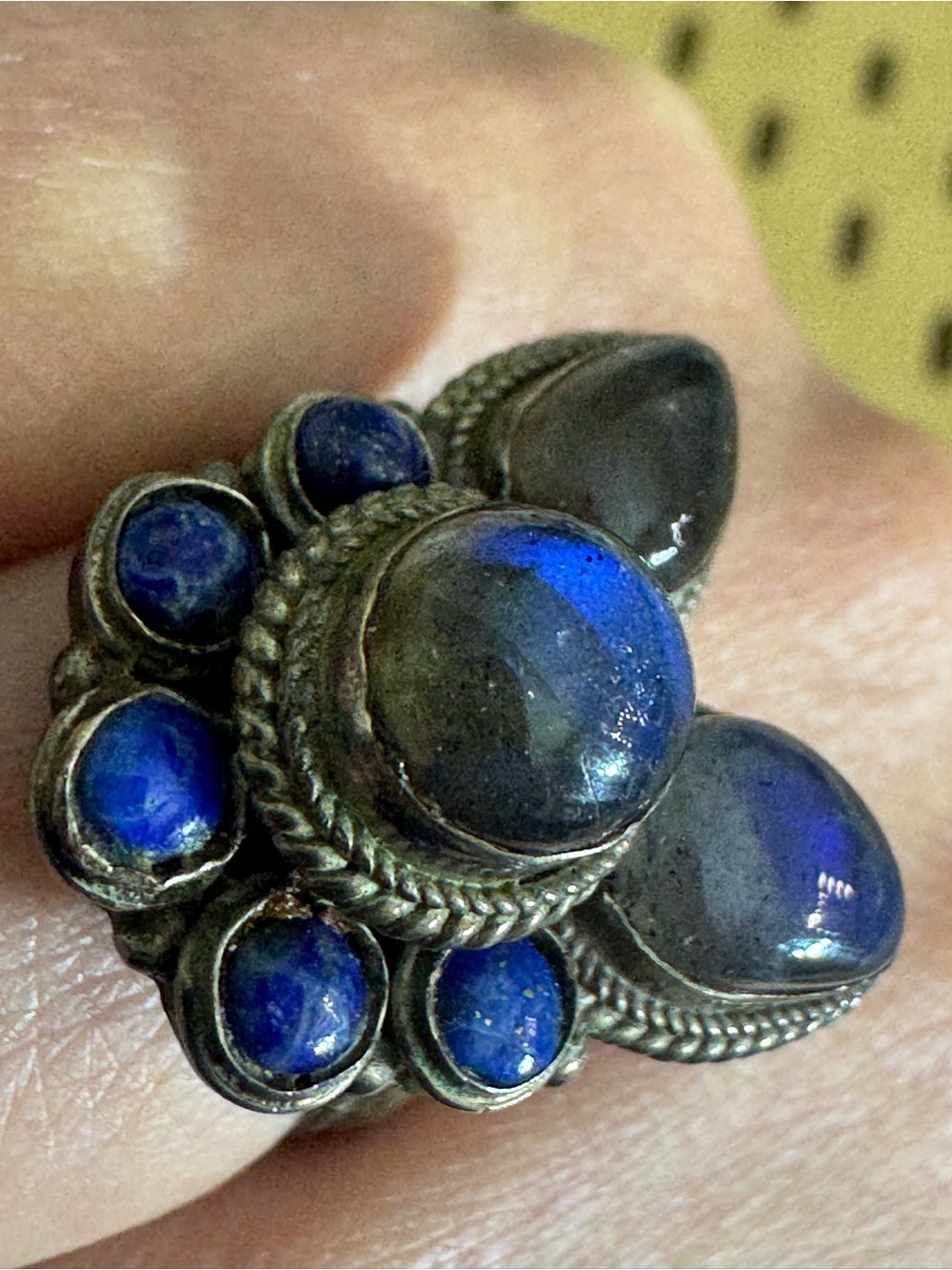 Artisan Vintage Sterling Silver Blue labradorite & Lapis Cluster Statement Ring